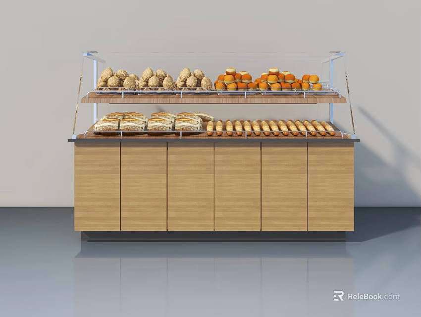 Bakery Display Case With Glass Shelves Holding Various Breads And Pastries On Wooden Cabinet 3d model 