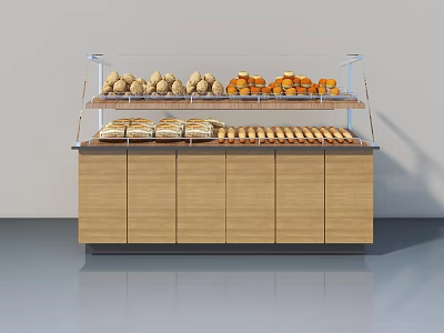 Bakery Display Case With Glass Shelves Holding Various Breads And Pastries On Wooden Cabinet 3d model