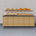 Bakery Display Case With Glass Shelves Holding Various Breads And Pastries On Wooden Cabinet