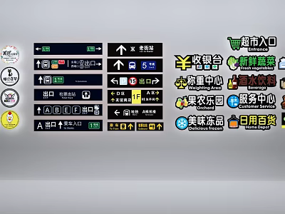 Brand Logo Display On Supermarket Area Signs With Entrance Checkout Counter Fruit Vegetable Sections 3d model