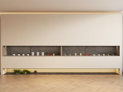 Neutral Background Wall With Built in Shelves Decorative Items Small Plants Pebbles And Wooden Floor 3d model