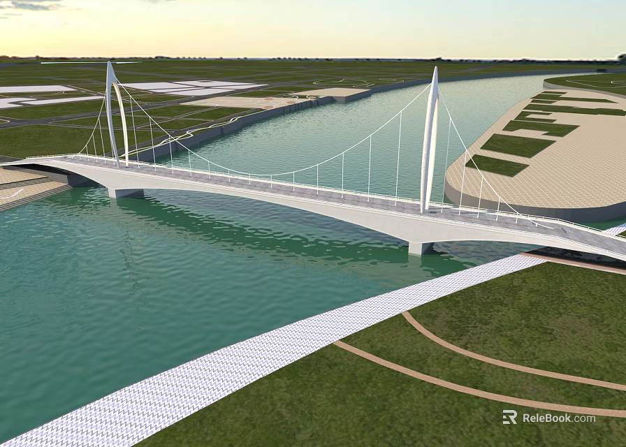 Modern Cable Stayed Bridge Spanning River With Green Grass Open Fields And Sunset Sky 3d model