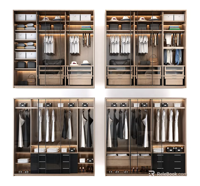 Modern Wardrobe Interior Design With Hanging Rails Drawers And Storage Shelves 3d model 