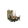 Elegant Decorative Ornament Set Featuring Green Gold Patterned Vases Candle Holders White Candles Metallic Bowls