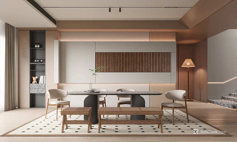 Modern Restaurant Interior With Dining Table Chairs Bench And Decor 3d model