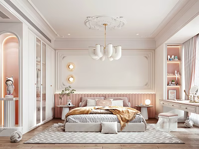 Elegant Modern Bedroom Interior With Decorative Wall Paneling White Chandelier Rug And Dressing Table 3d model