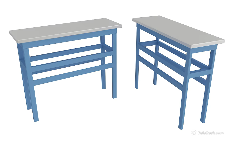 Practical Blue Frame Desks With Gray Top And Multiple Shelves 3d model 
