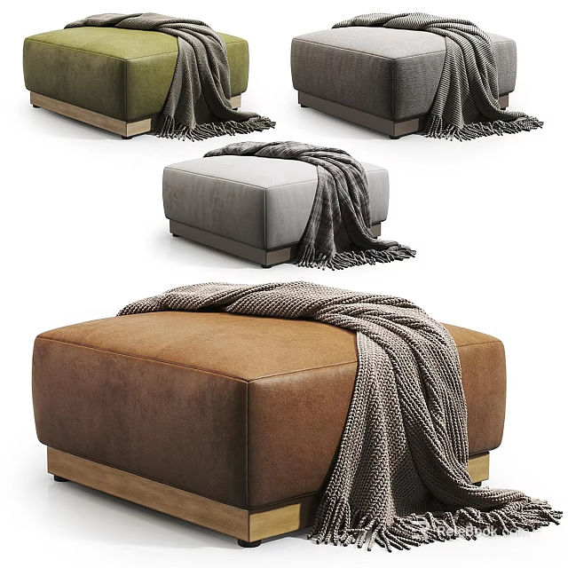 Modern Leather Ottoman Stools In Green Gray Brown With Cozy Throw Blanket And Wooden Legs 3d model 
