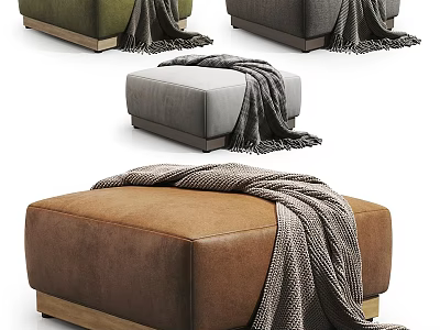 Modern Leather Ottoman Stools In Green Gray Brown With Cozy Throw Blanket And Wooden Legs 3d model