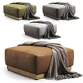 Modern Leather Ottoman Stools In Green Gray Brown With Cozy Throw Blanket And Wooden Legs