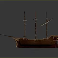 Detailed Wooden Ship Model With Three Masts And Intricate Deck Design