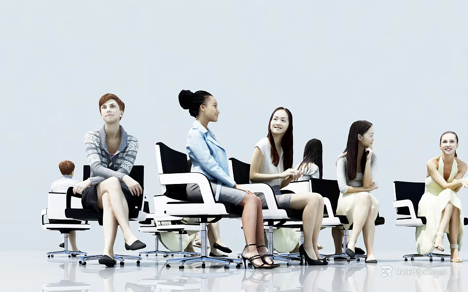 Group of Women Sitting on Modern Chairs with Various Postures in Simple Background 3d model 