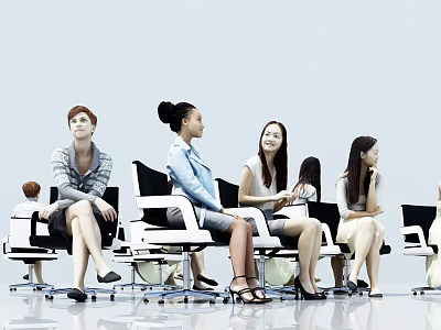 Group of Women Sitting on Modern Chairs with Various Postures in Simple Background 3d model