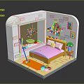 Mini Room Model Interior Scene With Pink Bed Orange Furniture Window Plant And Wall Paintings