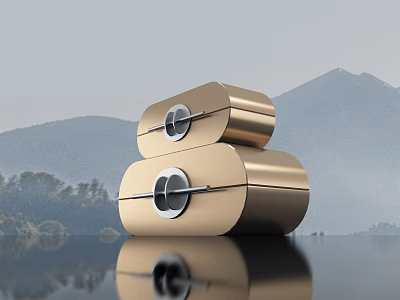 Golden Two Stacked Lockers Featuring Circular Locks And Mountain Water Reflection 3d model
