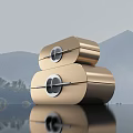 Golden Two Stacked Lockers Featuring Circular Locks And Mountain Water Reflection
