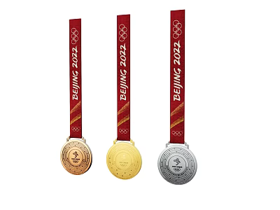 Beijing 2022 Olympic Medal Display On Decorative Pillar With Red Ribbon 3d model