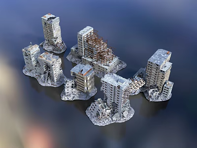 Collapsed High Rise Buildings in Ruined State with Damaged Structures and Water Surface Background 3d model
