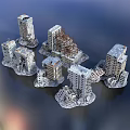 Collapsed High Rise Buildings in Ruined State with Damaged Structures and Water Surface Background