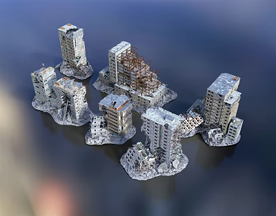 Collapsed High Rise Buildings in Ruined State with Damaged Structures and Water Surface Background 3d model
