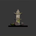 Traditional Stone Garden Lantern With Moss Covered Structure And Base Stones