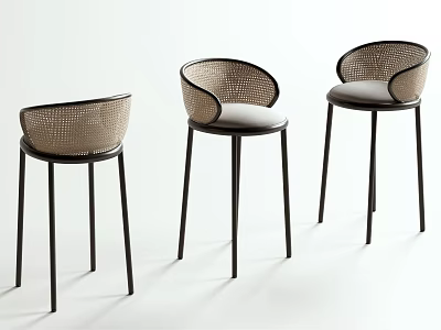 Stylish Bar Stools With Wicker Backrests Padded Seats And Black Metal Legs For Modern Living Spaces 3d model
