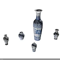 Blue and White Ceramic Vases with Traditional Patterns in Different Sizes on Black Background 3d model