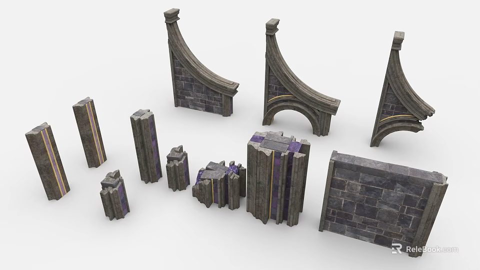 Medieval Decorative Stone Architectural Components With Arches Columns And Walls 3d model