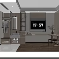 Modern Hotel Room Interior With Wardrobe Bathrobe Mirror TV Sink And Wooden Floor