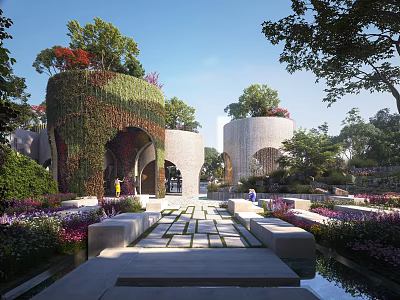 Scenic Garden Landscape With Greenery Covered Structures Stone Paved Pathway And Water Feature 3d model