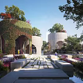 Scenic Garden Landscape With Greenery Covered Structures Stone Paved Pathway And Water Feature