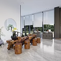 Traditional White Tea Gathering Room With Wooden Display Cabinets Long Table And Chairs