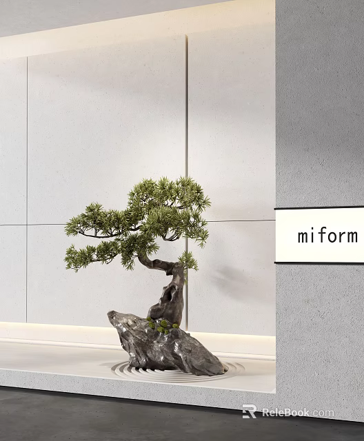 Bonsai Pine Tree Garden Decor With Natural Stone Base And Simple Wall Background 3d model