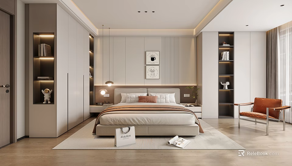 Modern Bedroom With Bedside Lamps Wall Art Wardrobes Open Shelves Wooden Floor And Accent Chair 3d model 