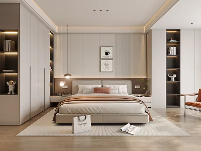 Modern Bedroom With Bedside Lamps Wall Art Wardrobes Open Shelves Wooden Floor And Accent Chair 3d model