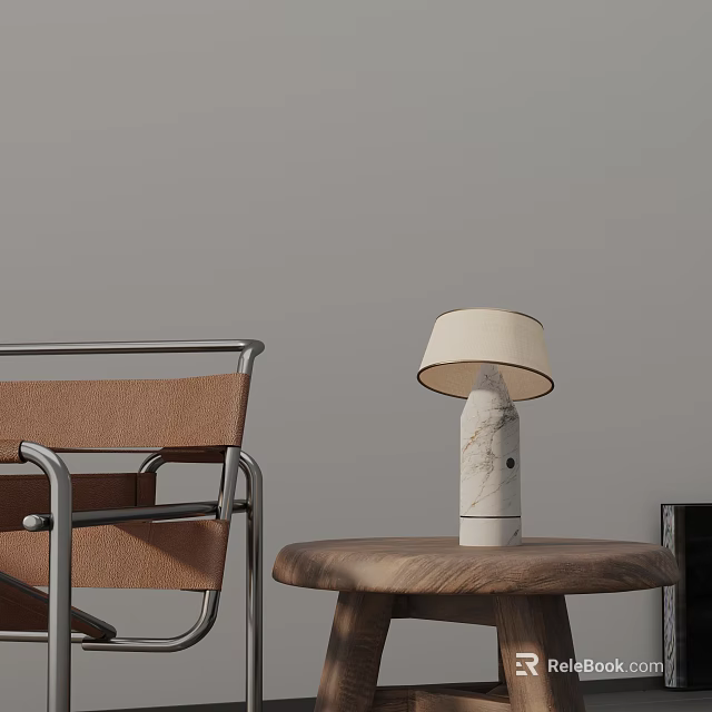Marble Table Lamp On Wooden Side Table With Brown Leather Chair In Modern Living Space 3d model 