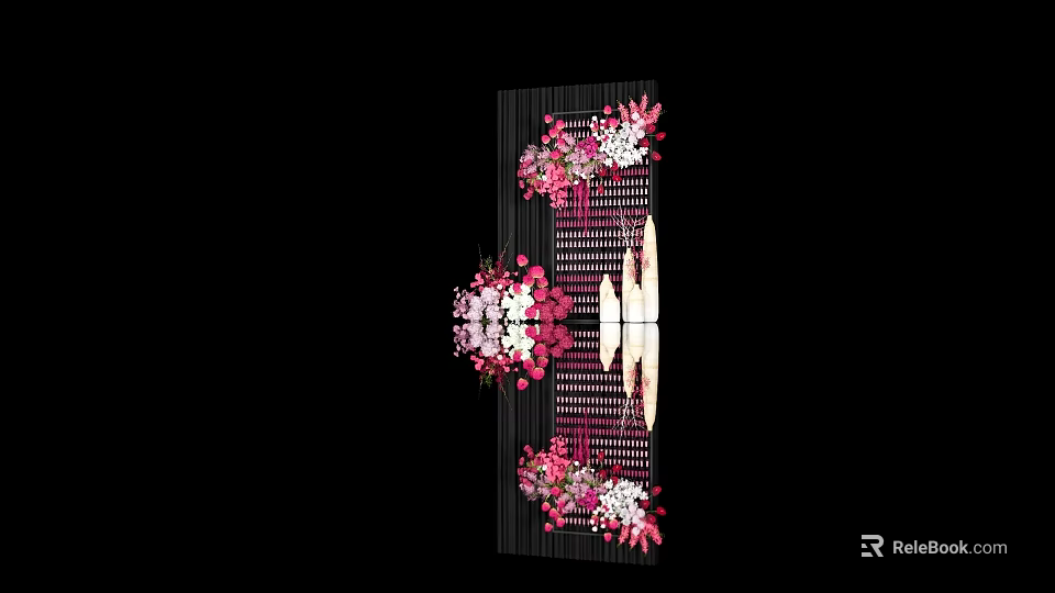Artistic Decorative Design With Pink White Flowers On Vertical Stripes And Black Background 3d model 