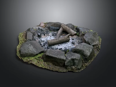 Rustic Stone Fire Pit Design With Logs Ash And Mossy Stones 3d model