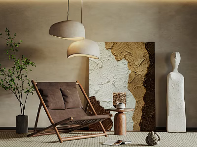 Leisure Chair With Wooden Frame Brown Cushion Abstract Painting Hanging Pendant Lights And Green Plant 3d model