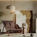 Leisure Chair With Wooden Frame Brown Cushion Abstract Painting Hanging Pendant Lights And Green Plant