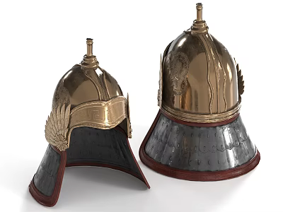 Metallic Medieval Helmet Featuring Golden Winged Accents Spiked Top And Black Red Brim 3d model