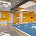 Indoor Basketball Court With Blue Floor White Lines Green Balls Yellow Walls And Mesh Ceiling
