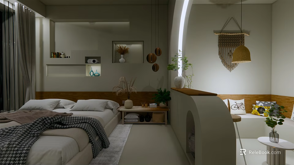 Modern Hotel Guest Room With Cozy Bed Pillows Blanket Side Table Plants And Hanging Decor 3d model 