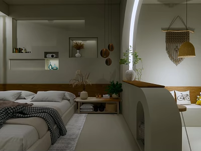 Modern Hotel Guest Room With Cozy Bed Pillows Blanket Side Table Plants And Hanging Decor 3d model