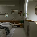Modern Hotel Guest Room With Cozy Bed Pillows Blanket Side Table Plants And Hanging Decor