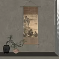 Traditional Scroll Painting On Stone Wall With Bonsai Plant And Vase