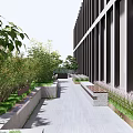 Modern Building Roof Garden With Green Lawn Flower Beds And Outdoor Seating Area
