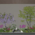 Garden Ornamental Display With Wisteria Green Tree Pink Flowers Rabbit Ornaments Round Lights And Sunset