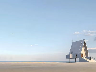 White Building With Triangular Roof And Staircase Standing On Sandy Beach Under Blue Sky 3d model