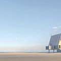 White Building With Triangular Roof And Staircase Standing On Sandy Beach Under Blue Sky
